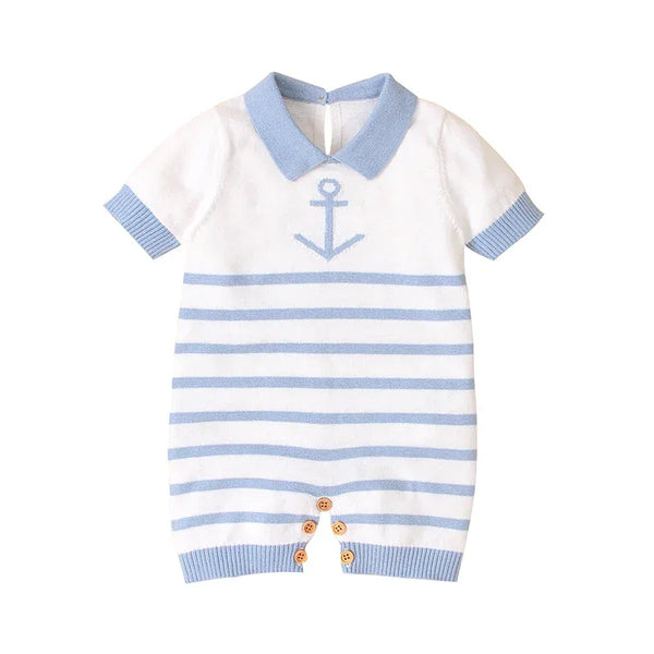 baby boys white and light blue knit romper with anchor design and short sleeves