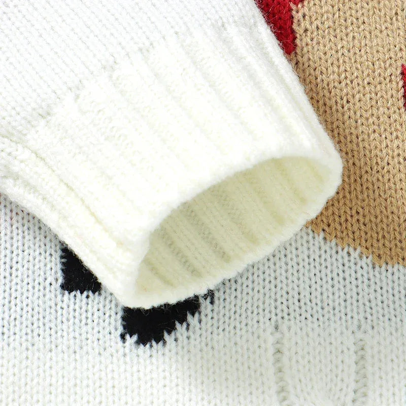 baby white knit romper with ribbed cuff and teddy bear design for infants