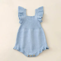 light blue ruffled knit romper for babies with flutter sleeves and button snap closure
