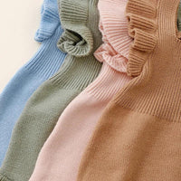 Ruffle knit romper for babies in blue green pink and brown colors with sleeveless design