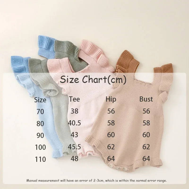 Ruffle knit romper for babies in blue green pink and brown colors with short sleeves and ruffle details