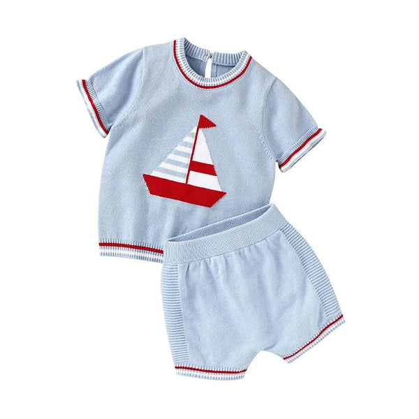 Baby blue knit shorts set with red and white sailboat design for infants, short sleeve and shorts