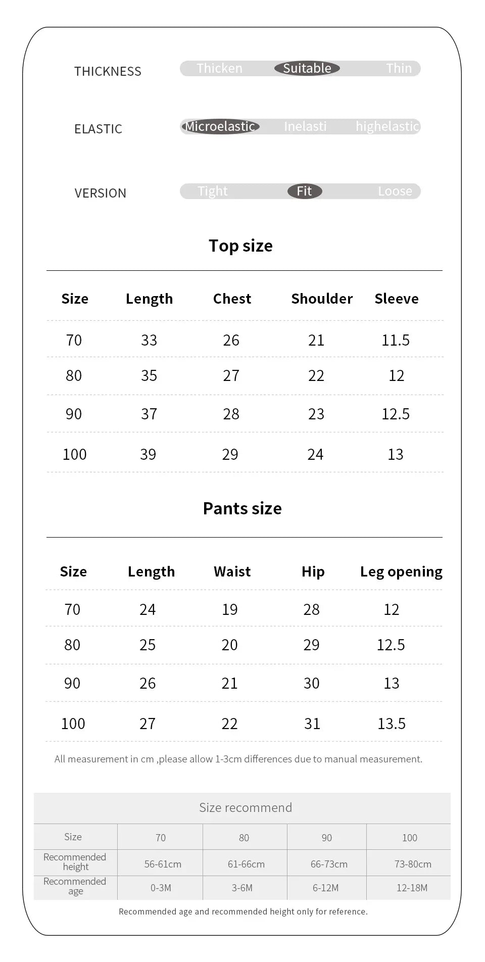 White size chart for babies and kids knit shorts set with measurements for top and pants sizes