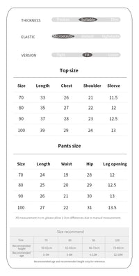 White size chart for babies and kids knit shorts set with measurements for top and pants sizes