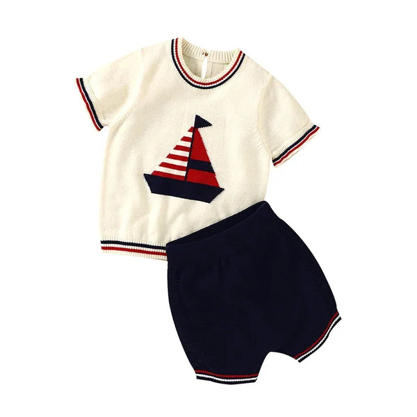 baby knit shorts set with white sailboat top and navy blue shorts for infants