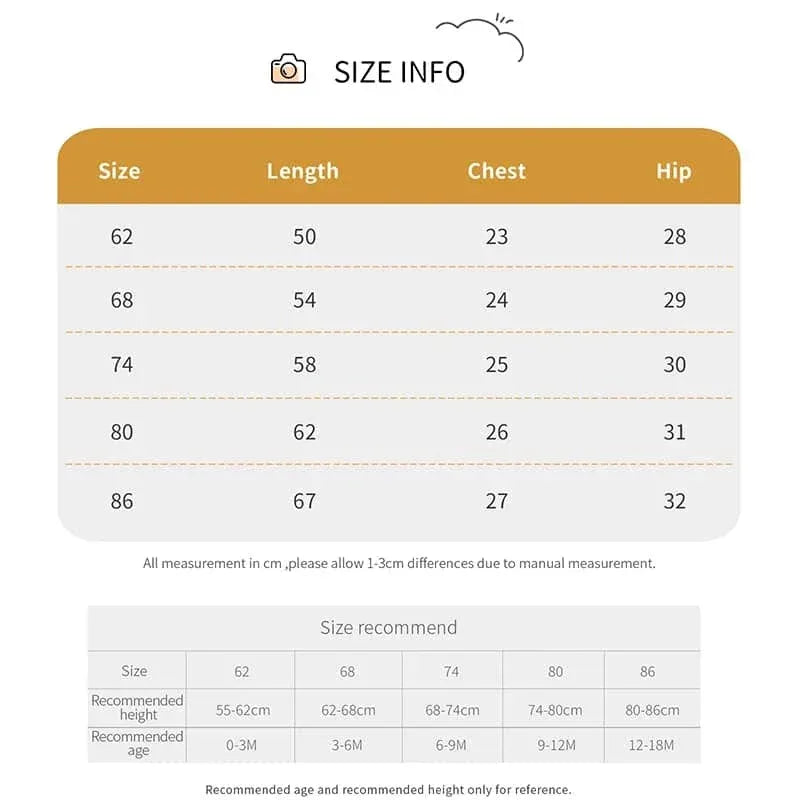 size chart for knitted baby romper overalls showing length chest hip measurements for ages 0 to 18 months