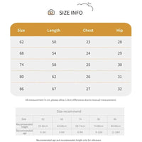 size chart for knitted baby romper overalls showing length chest hip measurements for ages 0 to 18 months