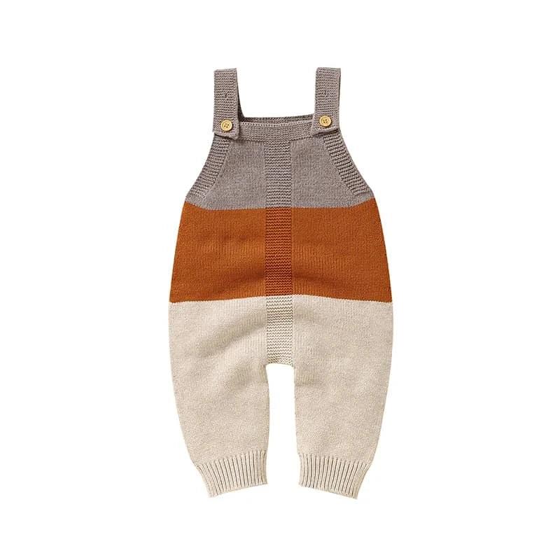 Multicolor knitted baby romper overalls for infants with button straps in beige brown and orange