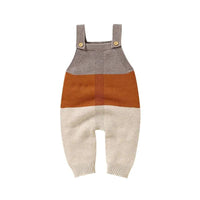 Multicolor knitted baby romper overalls for infants with button straps in beige brown and orange