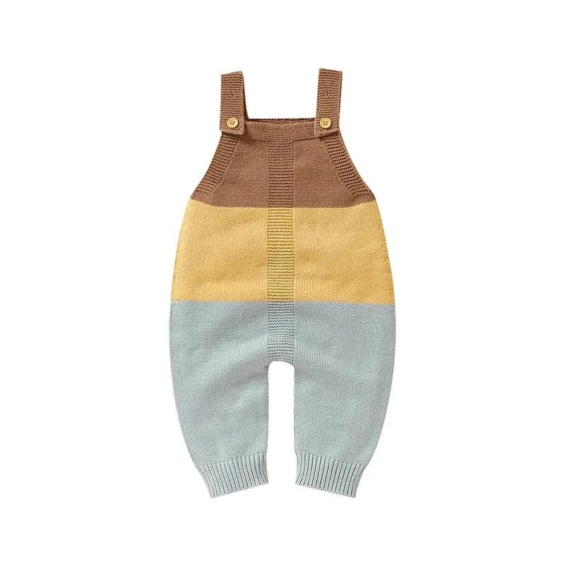 knitted baby romper overalls in brown yellow and gray for infants with buttoned shoulder straps