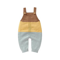knitted baby romper overalls in brown yellow and gray for infants with buttoned shoulder straps