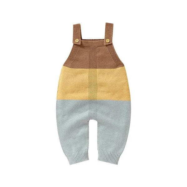 knitted baby romper overalls in brown yellow and gray for infants with buttoned shoulder straps