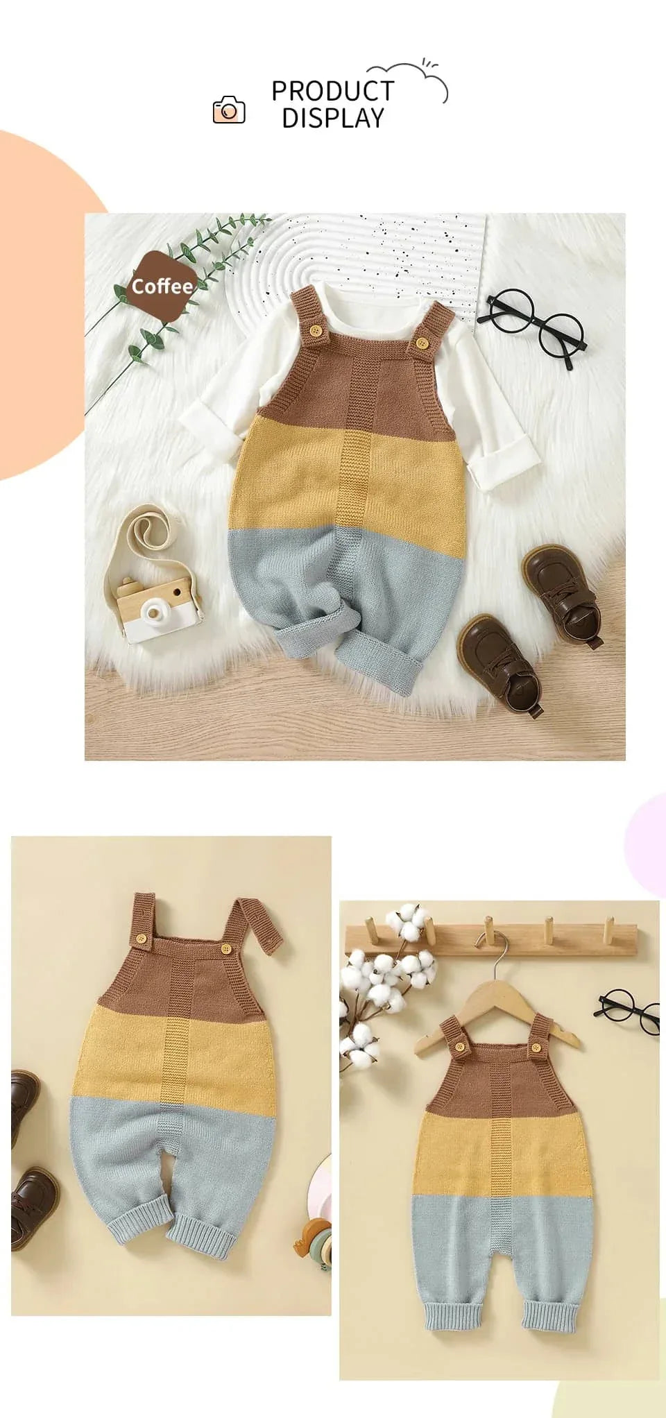 knitted baby romper overalls in coffee brown yellow and blue for infants laid flat with white shirt and brown shoes