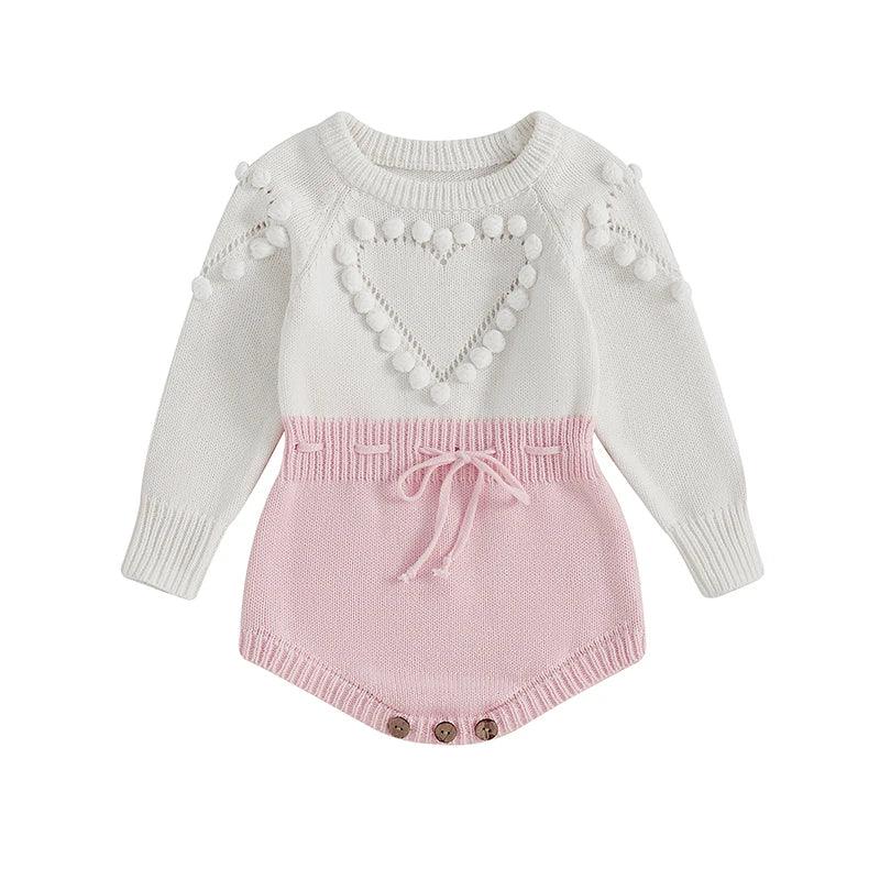 knitted baby romper white and pink with heart pom pom detail long sleeve for infants