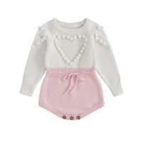 knitted baby romper white and pink with heart pom pom detail long sleeve for infants