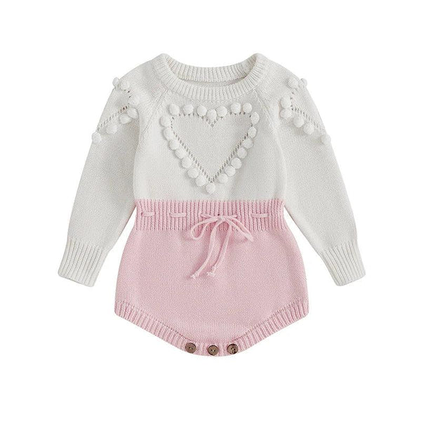 knitted baby romper white and pink with heart pom pom detail long sleeve for infants