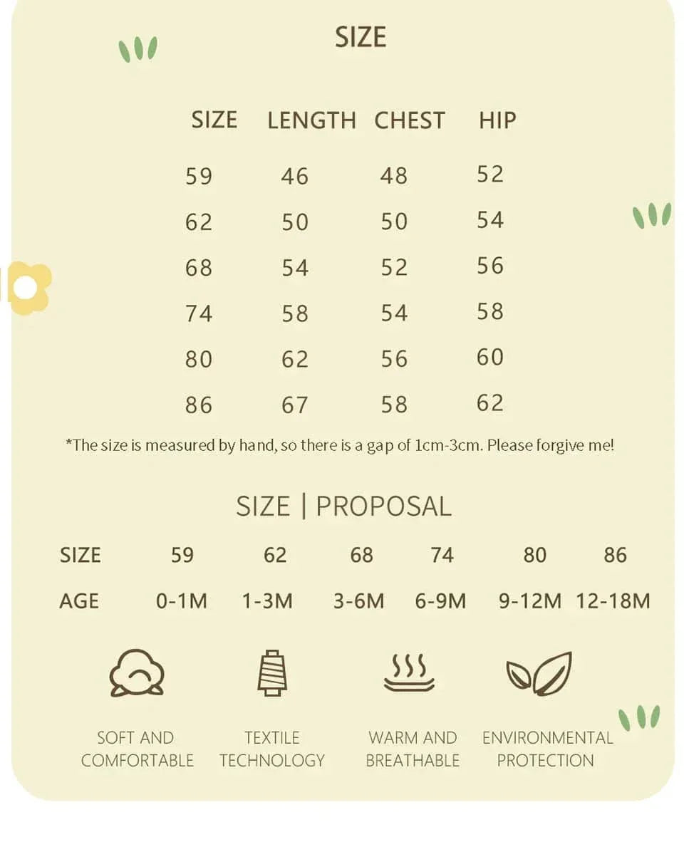 Size chart for knitted baby romper with bows showing measurements and age range from 0 to 18 months