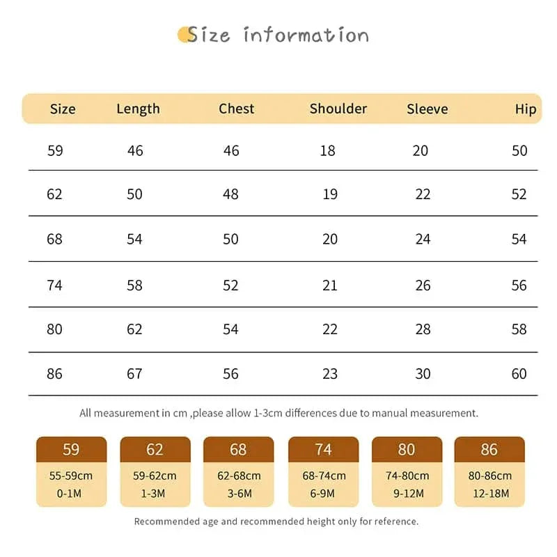 size chart for knitted baby romper with bows showing measurements for length chest shoulder sleeve and hip in centimeters for ages 0 to 18 months