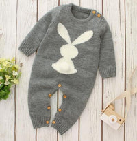 Gray knitted baby romper with bunny design for infants, long sleeve and button closures