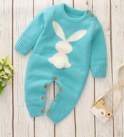 Aqua knitted baby romper with bunny design for infants, long sleeve with button closures