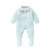 Light blue knitted baby romper with feet featuring floral embroidery for newborns