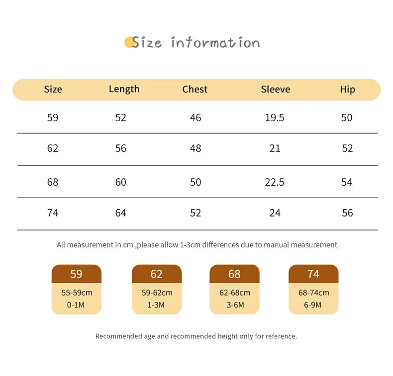 Size chart for knitted baby romper with feet in measurements for ages 0 to 9 months