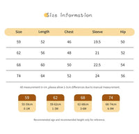 Size chart for knitted baby romper with feet in measurements for ages 0 to 9 months
