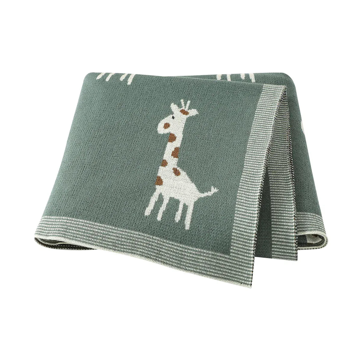 green knitted giraffe baby blanket for babies with white and brown giraffe design