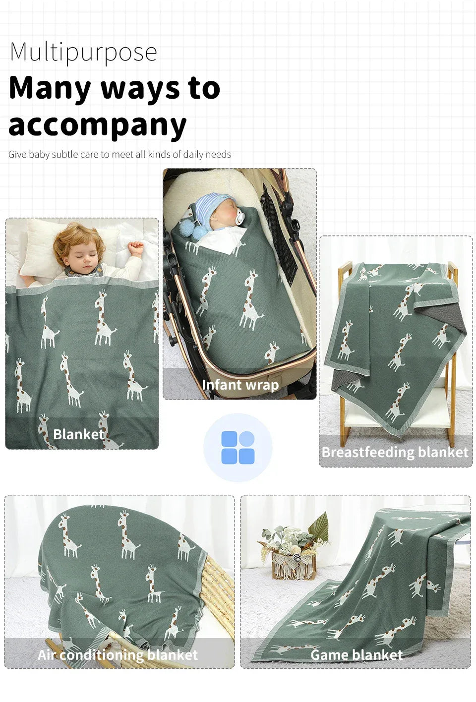Green knitted giraffe baby blanket for infants and toddlers with white giraffe pattern, multipurpose use