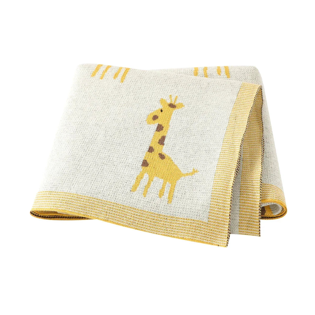 knitted giraffe baby blanket in cream and yellow with giraffe pattern for infants