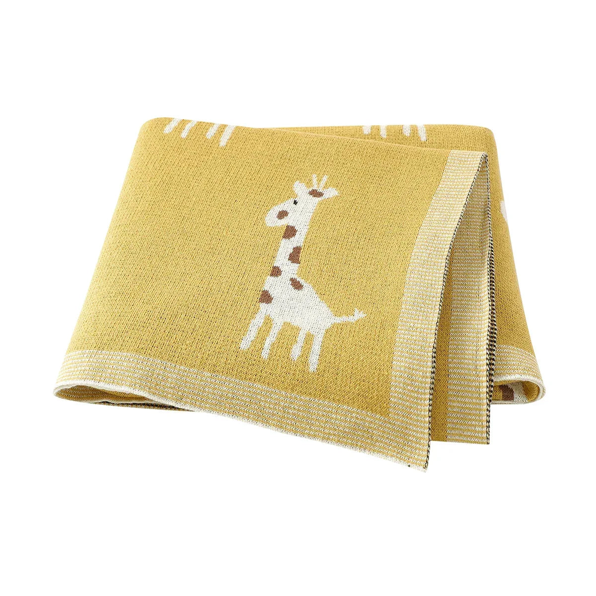 yellow knitted giraffe baby blanket for babies with white giraffe pattern and beige border
