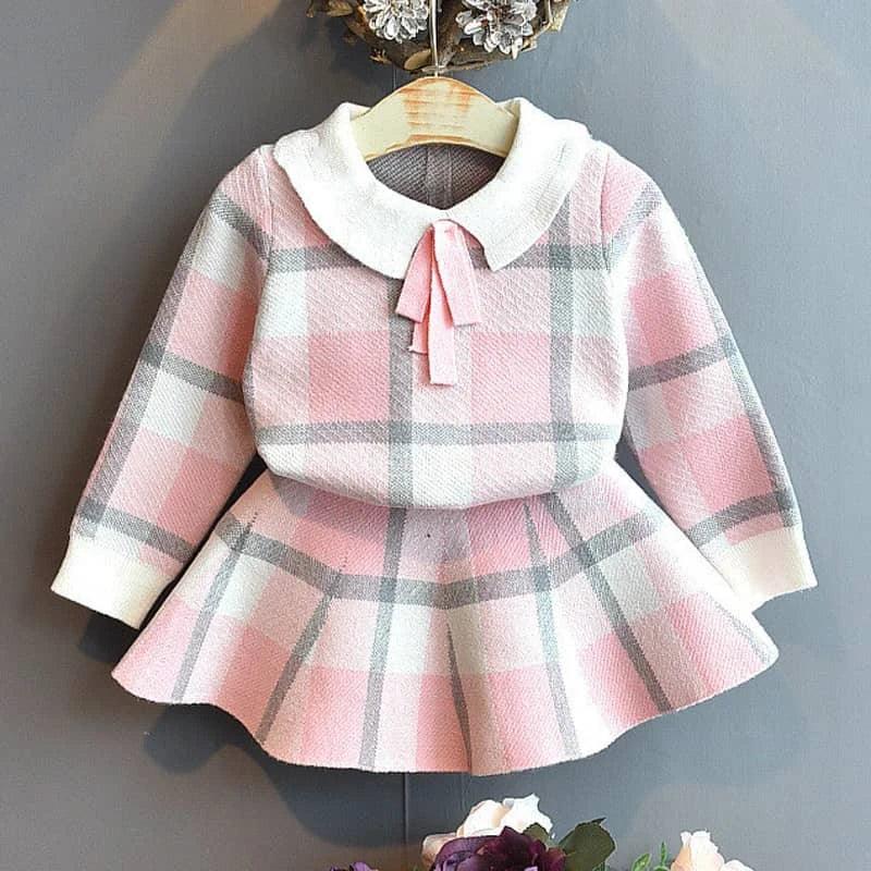 Pink and white knitted girls plaid skirt set with gray accents and white collar made of soft knit material