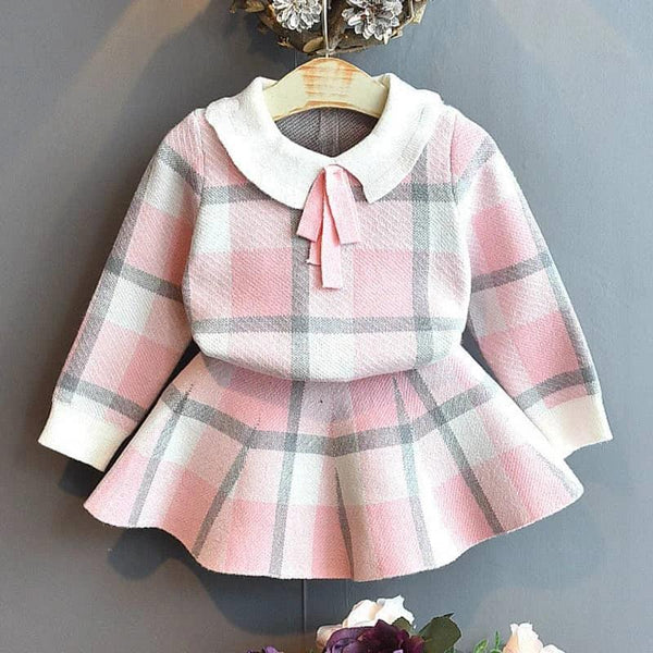 Pink and white knitted girls plaid skirt set with gray accents and white collar made of soft knit material
