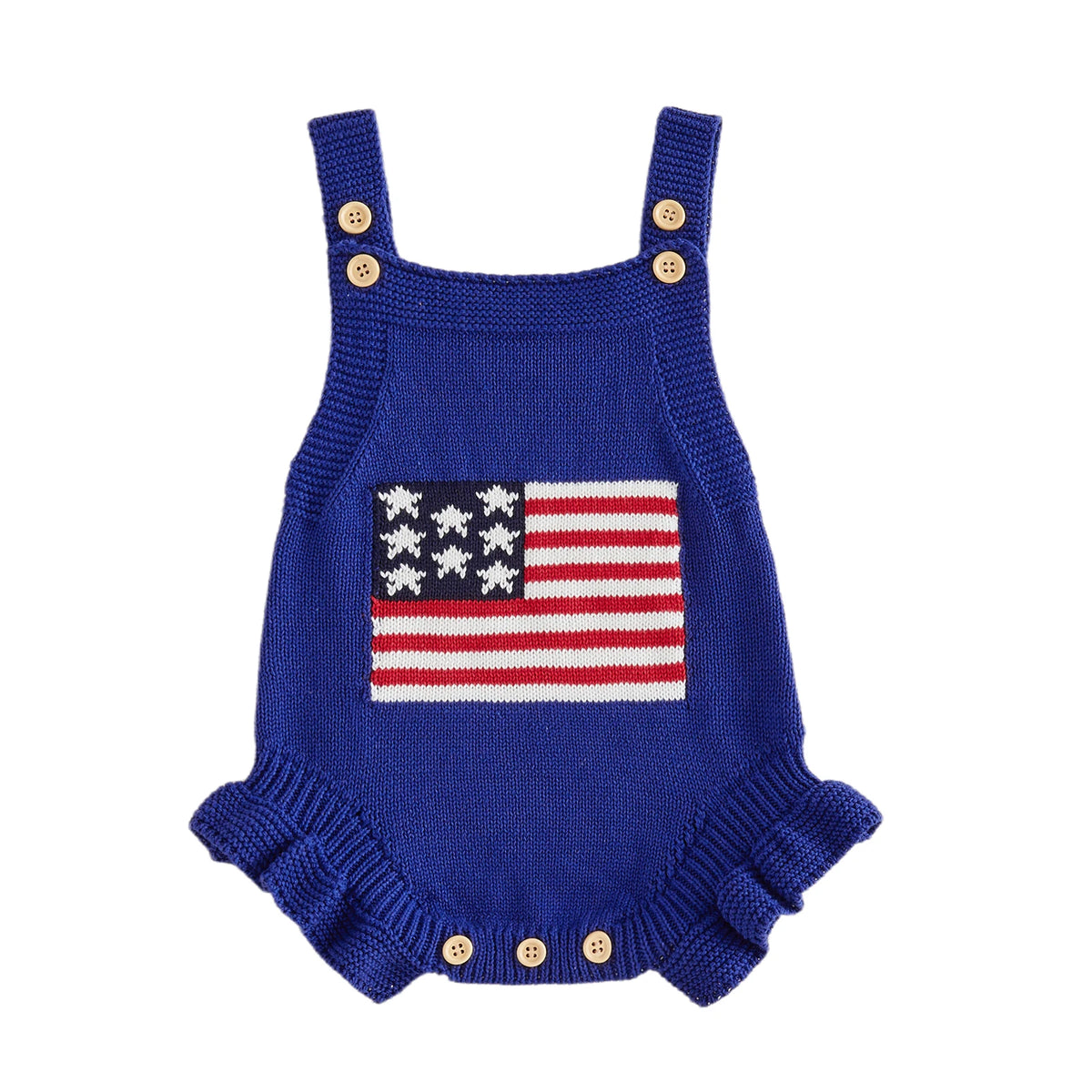 blue knitted newborn romper for babies with American flag pattern and button details