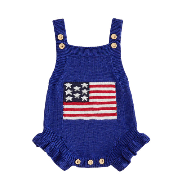 blue knitted newborn romper for babies with American flag pattern and button details
