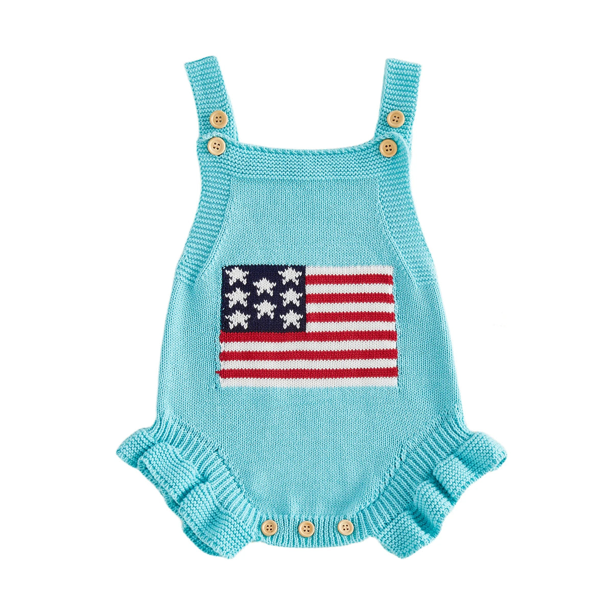 blue knitted newborn romper with American flag design and wooden buttons for babies