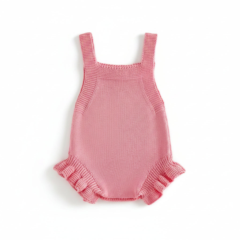 Pink knitted newborn romper for babies with ruffled leg openings and sleeveless design