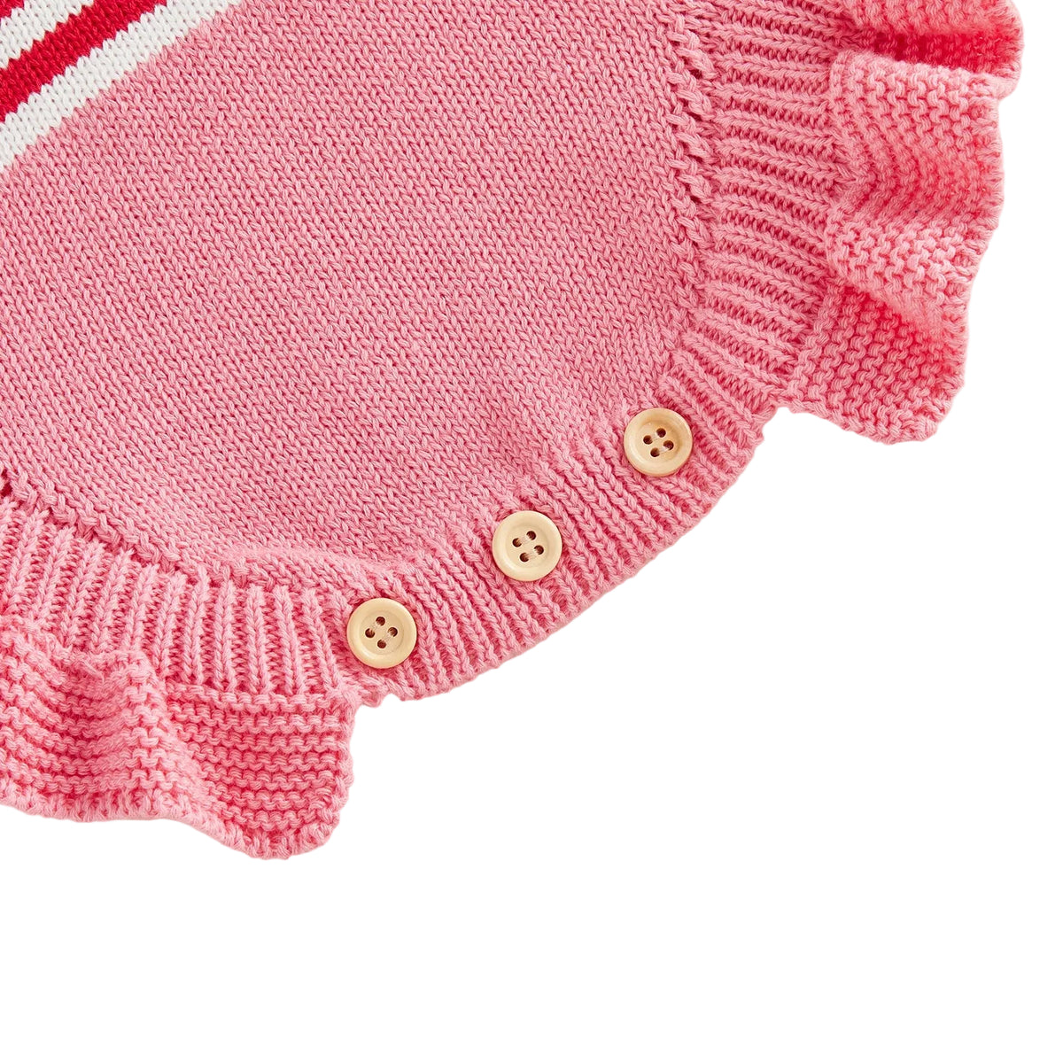 pink knitted newborn romper for baby with wooden buttons and ruffle trim detail