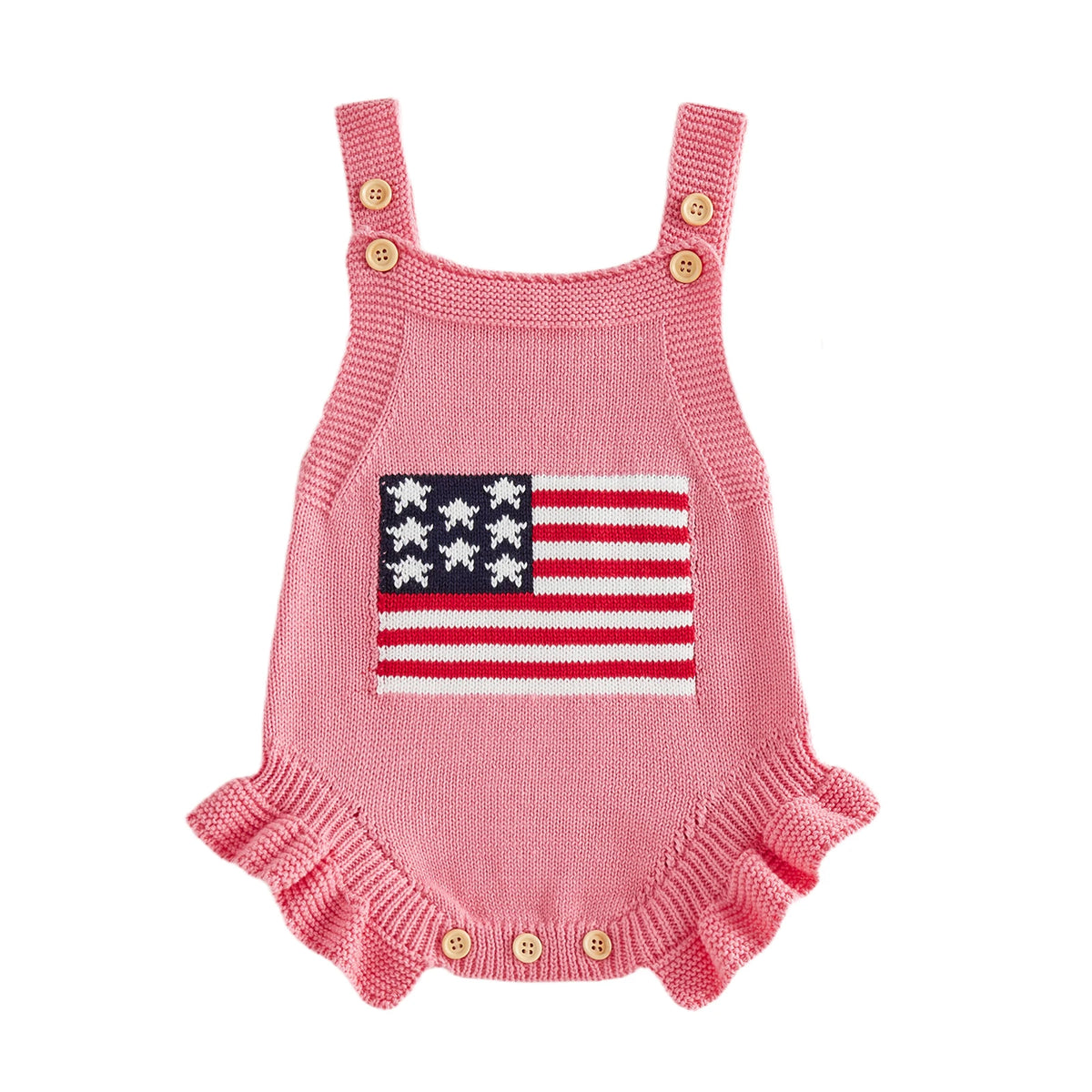 pink knitted newborn romper with American flag design and ruffled leg openings for babies