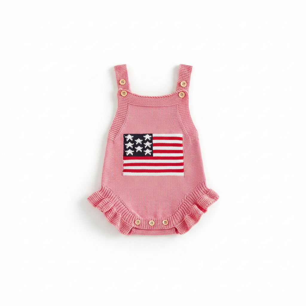 Pink knitted newborn romper with American flag design and ruffled leg edges for newborns