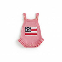 Pink knitted newborn romper with American flag design and ruffled leg edges for newborns