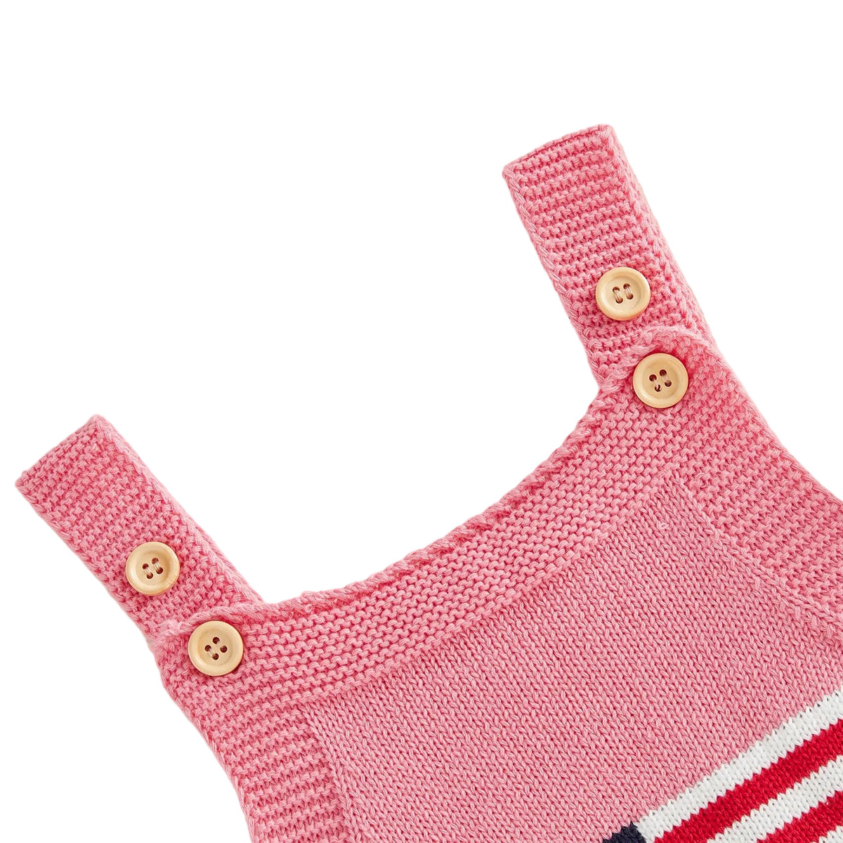 pink knitted newborn romper for babies with wooden button straps and striped detail