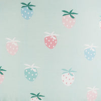 Goosewaddle pastel strawberry print knotted sleep sacks for newborns with soft blue background