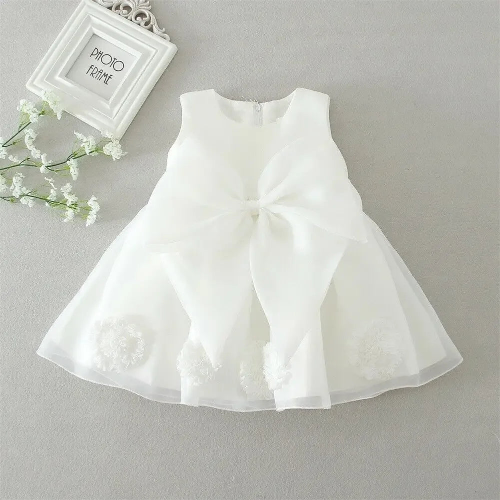 White lace and tulle toddler dress with large bow and floral appliques for baby girls