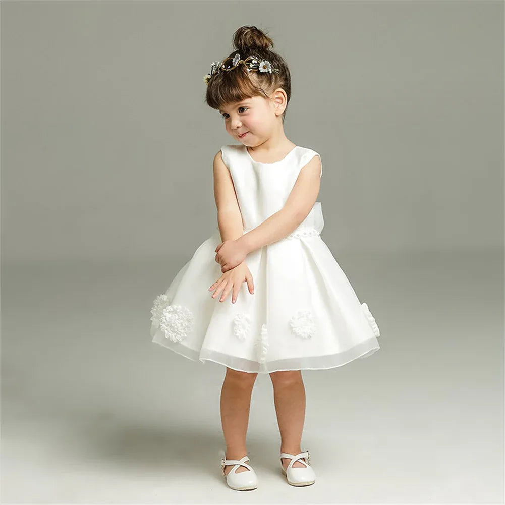 White lace and tulle toddler dress with floral applique, sleeveless fit for young girls