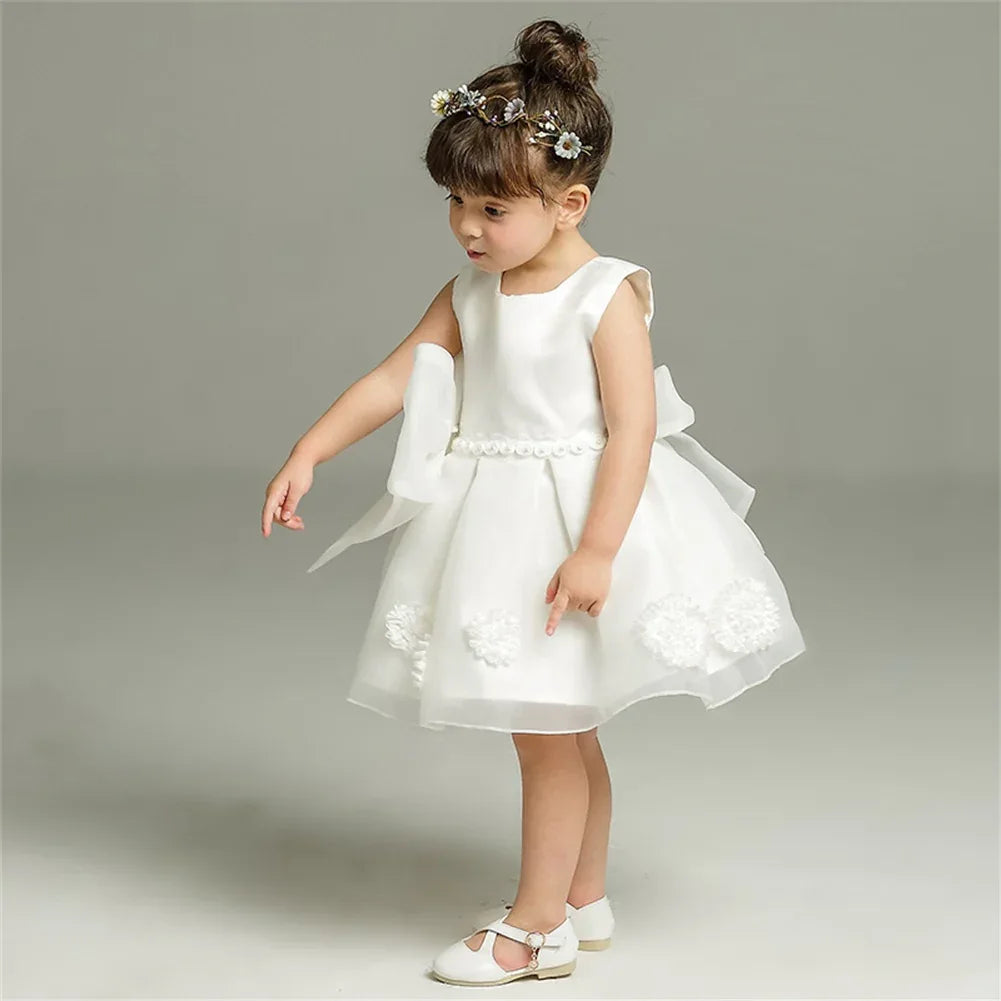 white lace and tulle toddler dress for girls with floral details and bow waist, size 2T