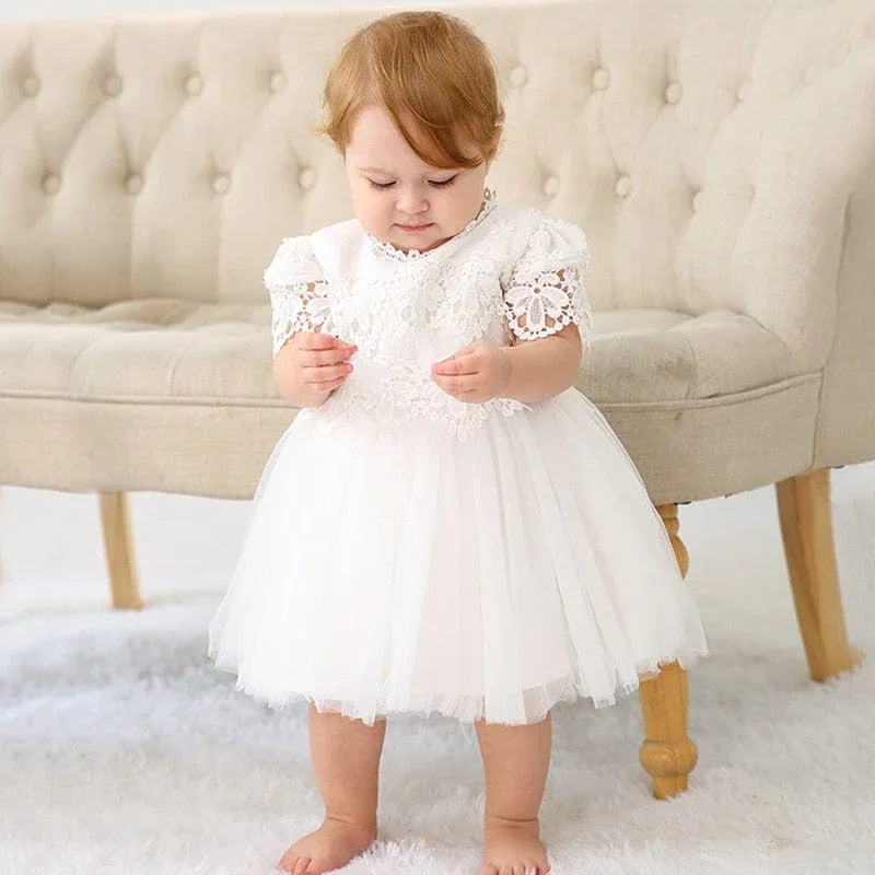 White lace baby girl dress with floral lace short sleeves and tulle skirt for toddlers