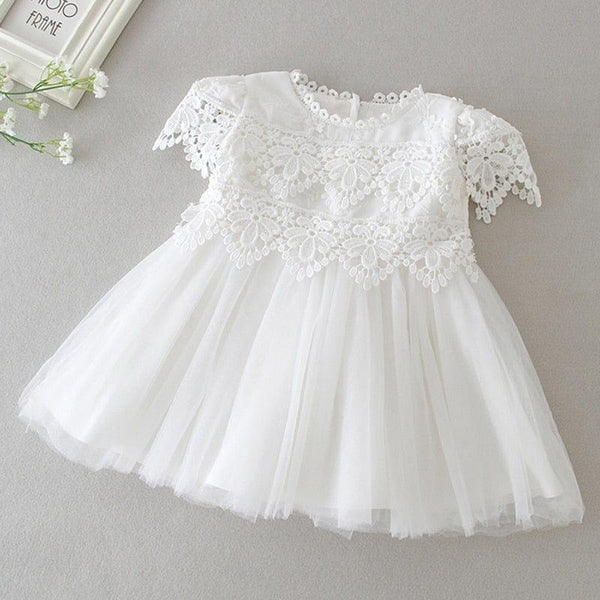 white lace baby girl dress with floral lace bodice and short sleeves for infants