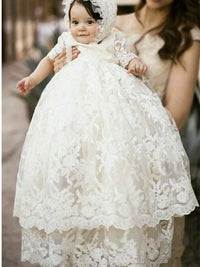 White lace baptism gown set for baby with bonnet, infant size, featuring intricate floral lace detailing
