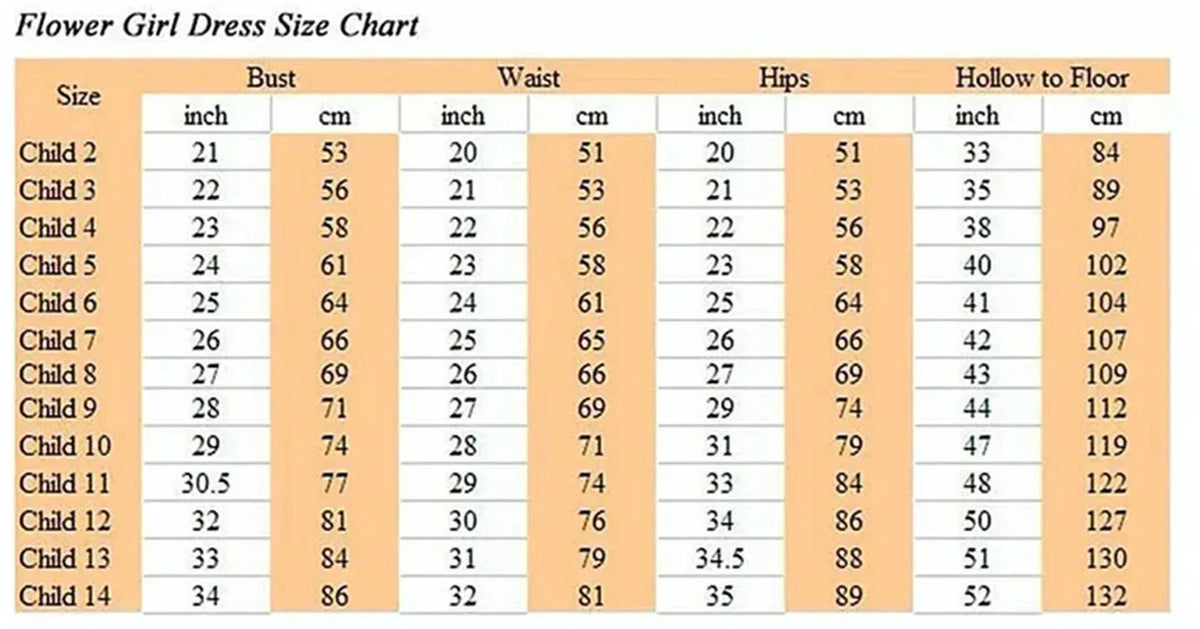 Flower girl dress size chart showing measurements in inches and centimeters for bust waist hips and hollow to floor for sizes child 2 to child 14